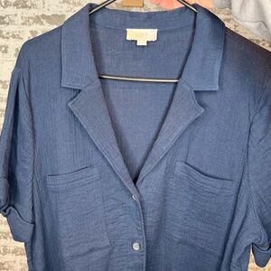 Loft | women navy blue gauzy romper shorts button up